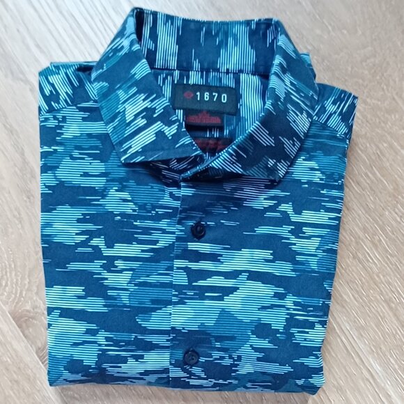 Youth shirt. Worn once. Beautiful blues. STRETCH slim fit waist 17 1/2". - Picture 1 of 4